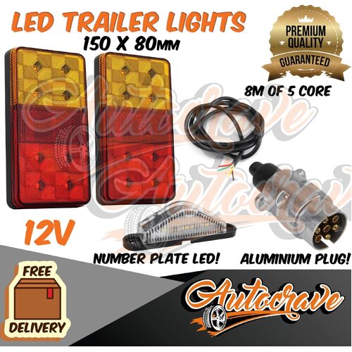 LED Trailer Tail Lights Number Plate Alumin Plug 5 Core Wire Caravan Boat 150x80